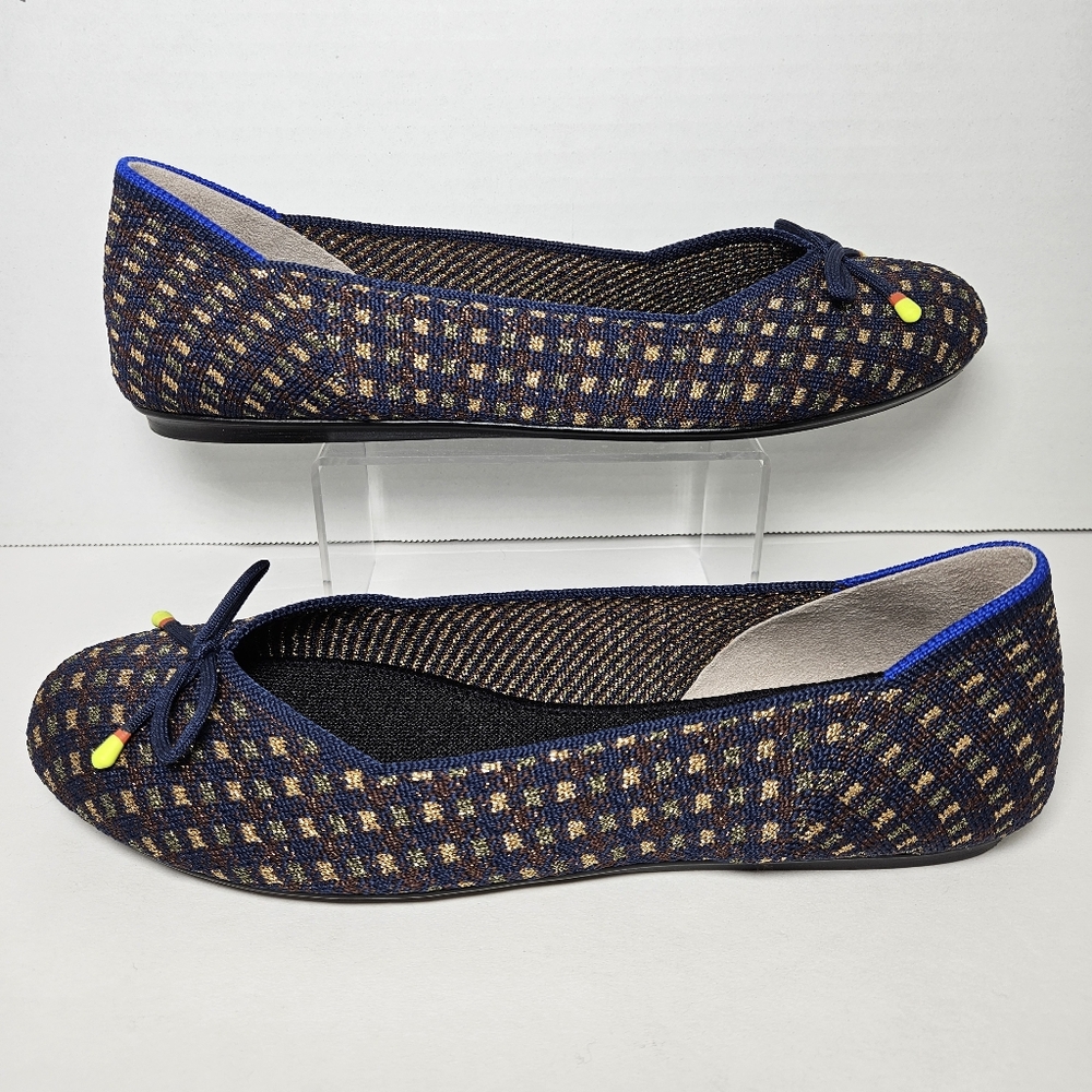 Rothy's The Bow Flat Evening Metallic Women's Sz 7.5 Ballet Plaid Navy Gold - Picture 8 of 12
